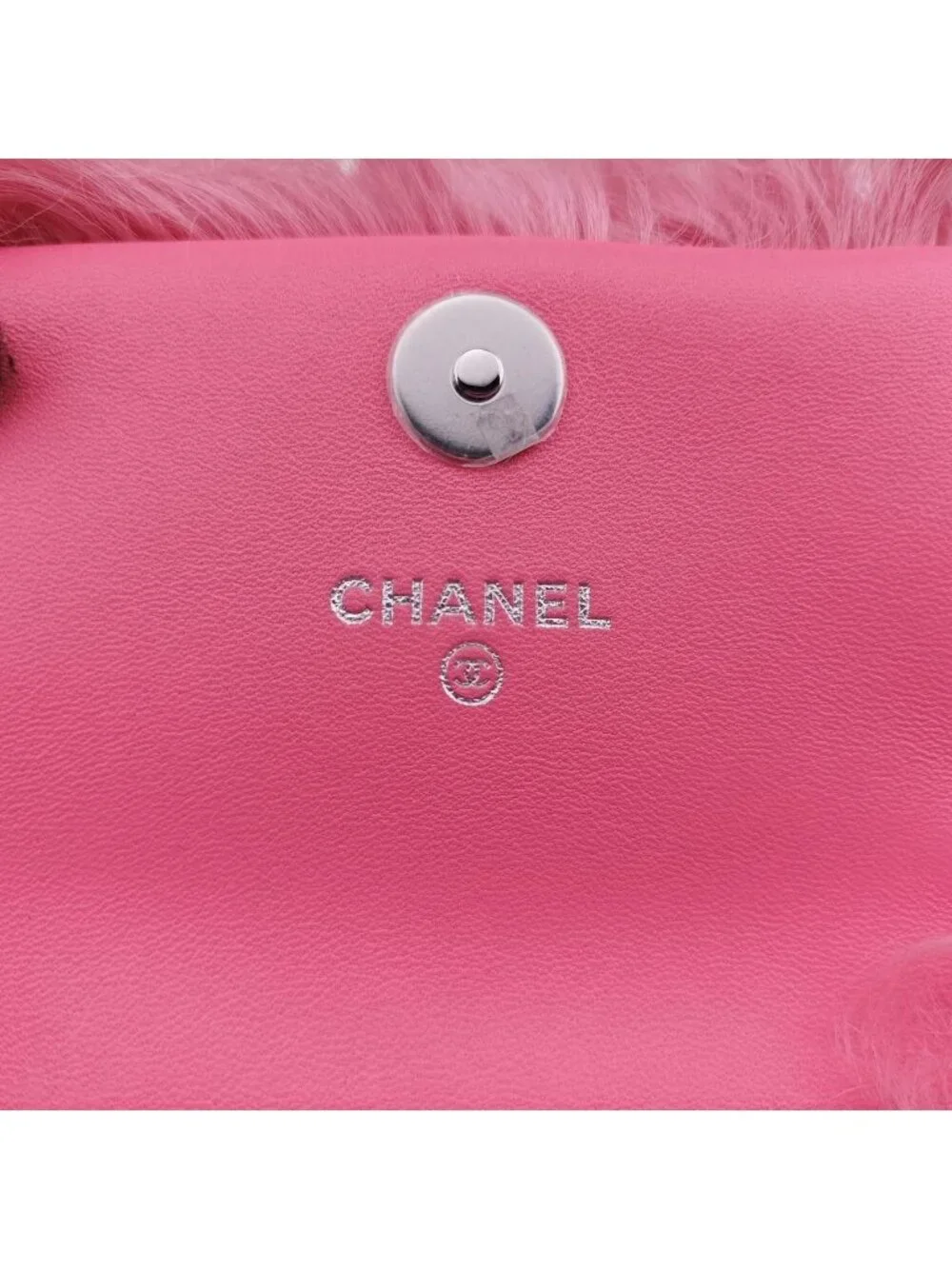 Chanel Shearling CC Hook Card Holder Pink Wool